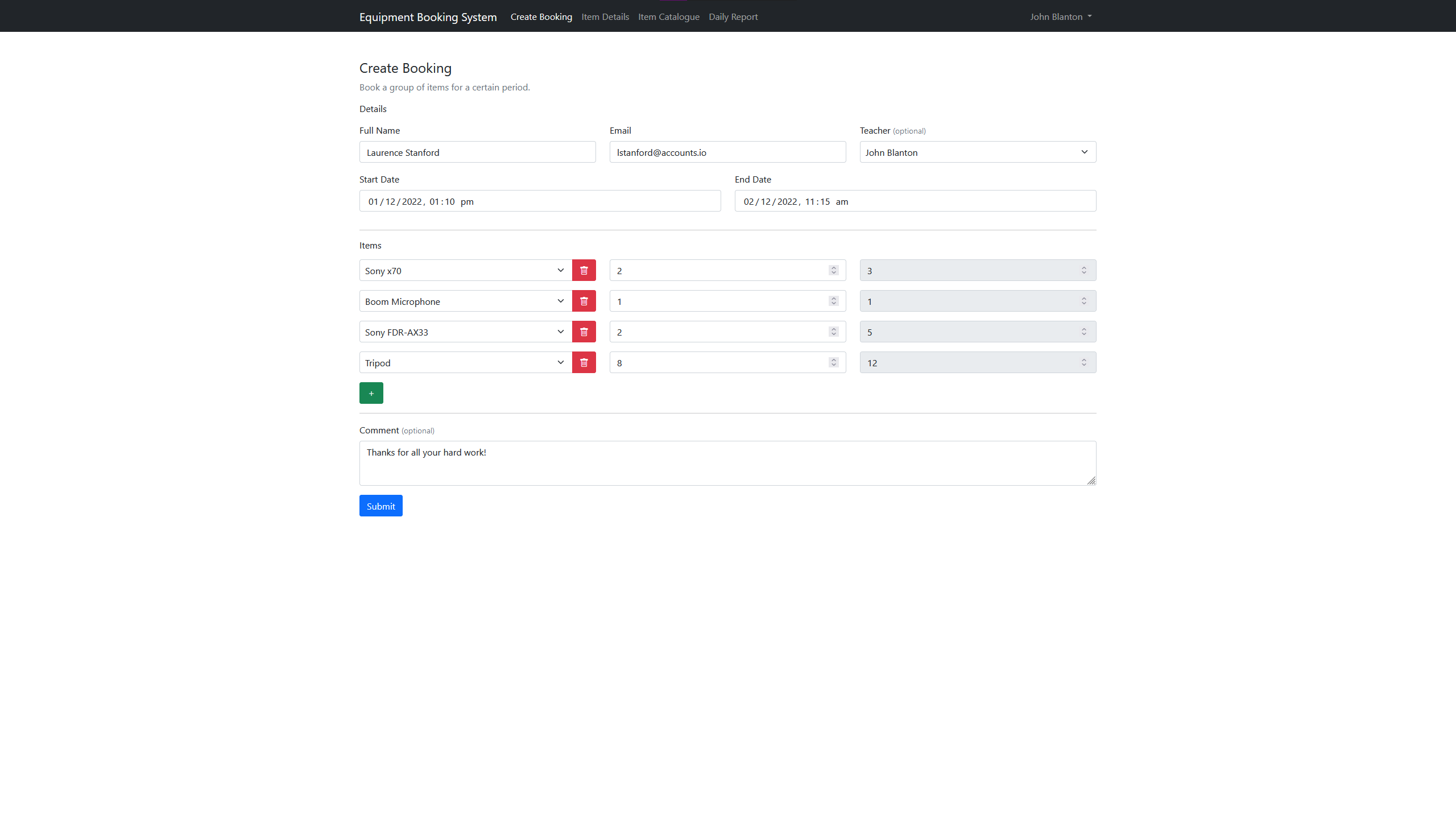 screenshot of the Booklet booking creation page