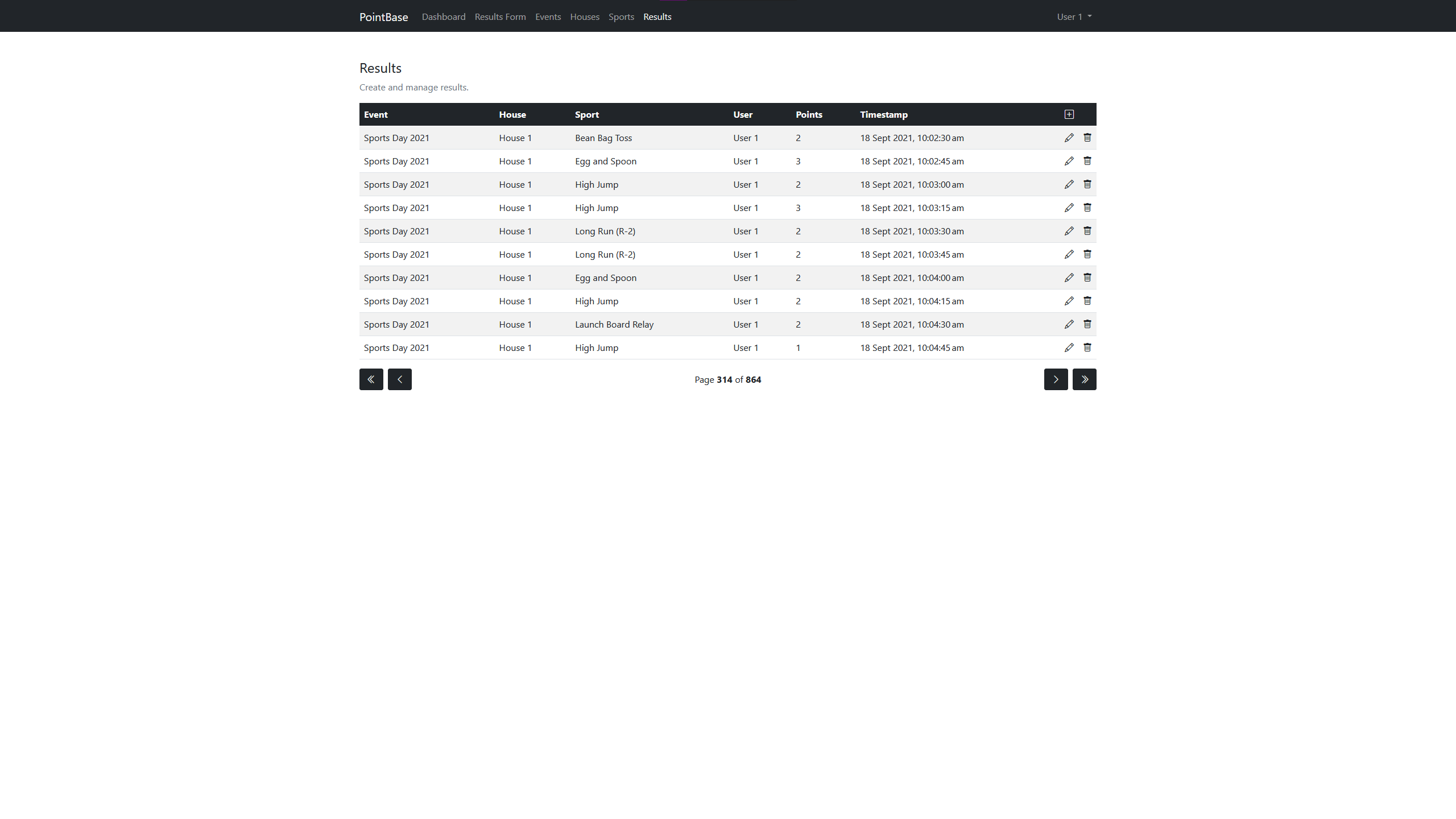 screenshot of the Pointbase results CRUD table page