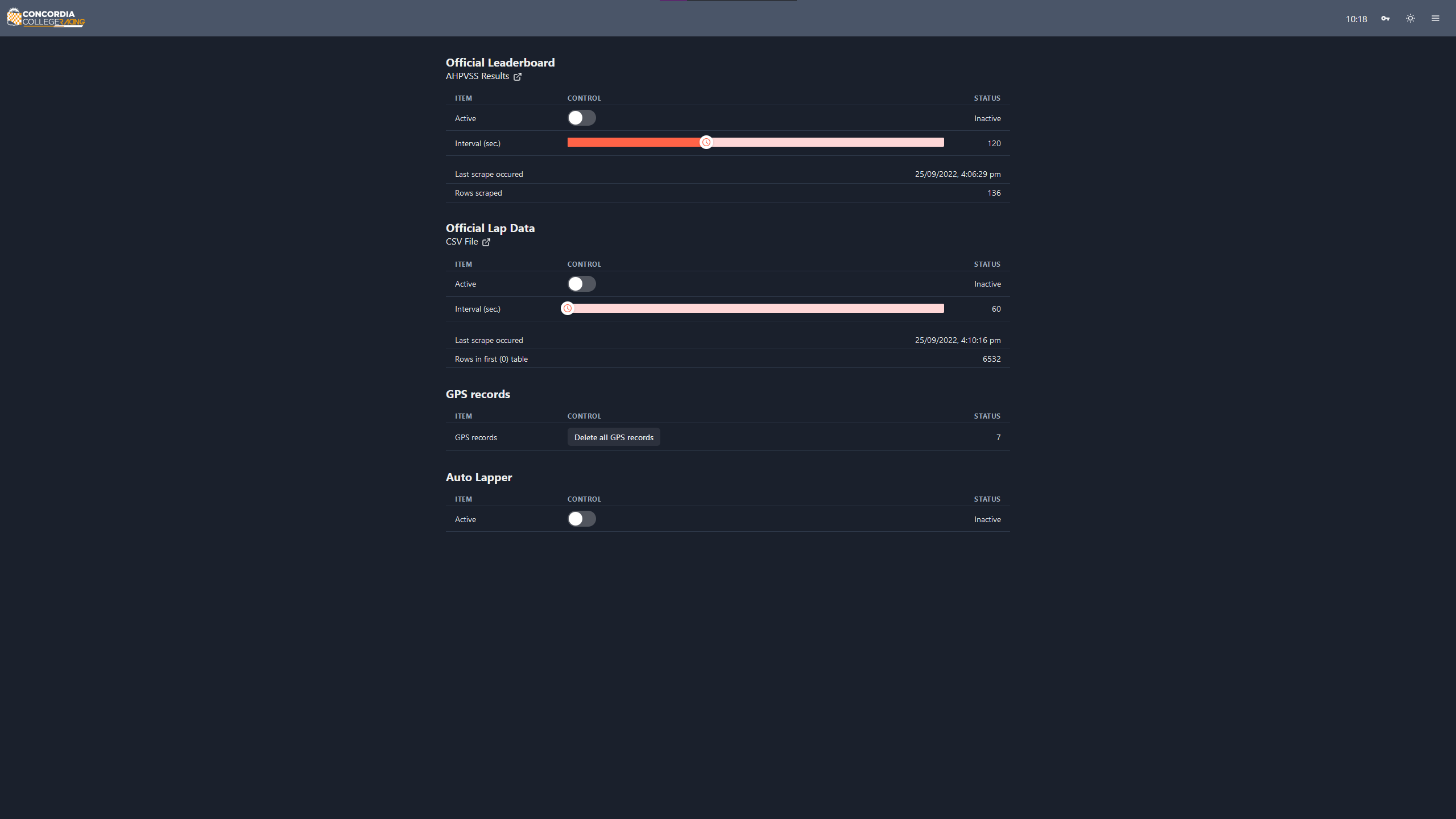 screenshot of the Pedal Prix scraper configuration page